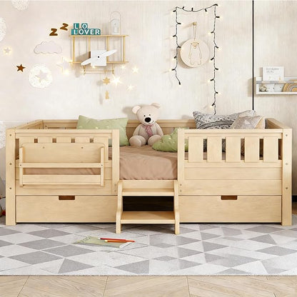 Bellemave Twin Size Kids Montessori Bed with Stairs and Bookshelf,Solid Wood Twin Size Kids Bed Frame with Drawers and Storage for Girls Boys,Low-Profile,Light Natural