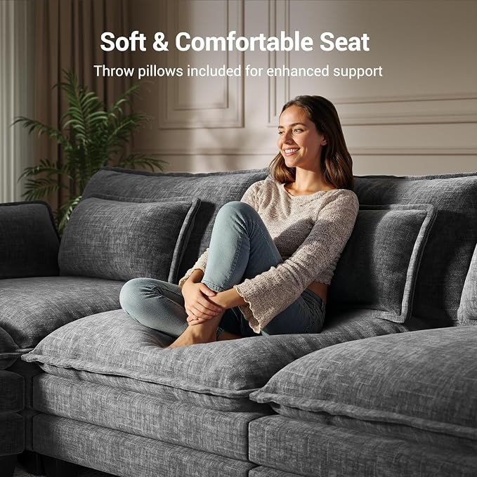 Pipishell 110.6" Modular Sectional Sofa, U Shaped Cloud Couch with Movable Ottoman, 5-Seat Chenille Deep Seat Cloud Modular Sectional Sofa with Throw Pillows for Living Room & Apartment, Grey