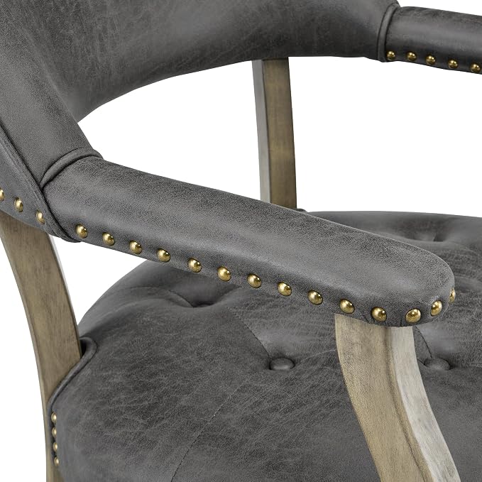 LEEMTORIG Dining Chairs with Casters and Arms, Upholstered Rolling Dining Chairs with Wheels for Elderly, Ergonomic Wide Seat Wooden Office Chairs, 26" Dx25.2 W, Grey Legs&Dark Grey Fabric SY-1318-GY