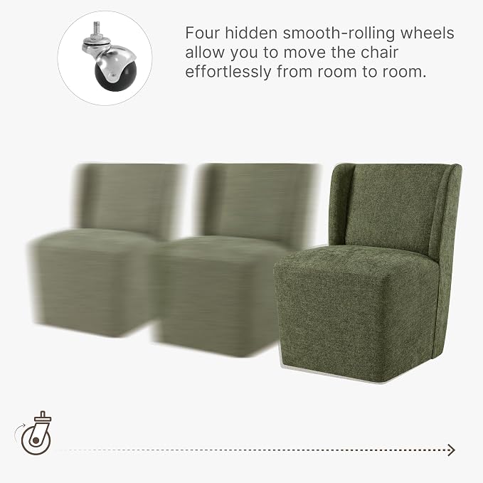 KISLOT Upholstered Dining Chairs Set of 1 with Casters, Wingback Modern Side Armless Deskchair with Rollers for Diningroom Bedroom Livingroom Reading Room, Green Fabric