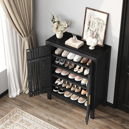 UNIQUITE Wooden Shoes Cabinet with Adjustable Shelves, Retro Freestanding Shoe Organizer Cabinet for Entryway Hallway Living Room, 5-Tier Shoe Cabinet with Doors for 20 Pairs, Black