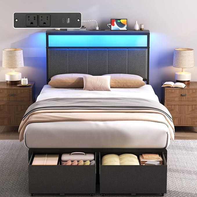 Twin Bed Frame with 2 Storage Drawers, Grey Upholstered | Headboard with Charging Station and LED Lights, Metal Platform Bed with Storage Shelf, Noise Free, No Box Spring Needed