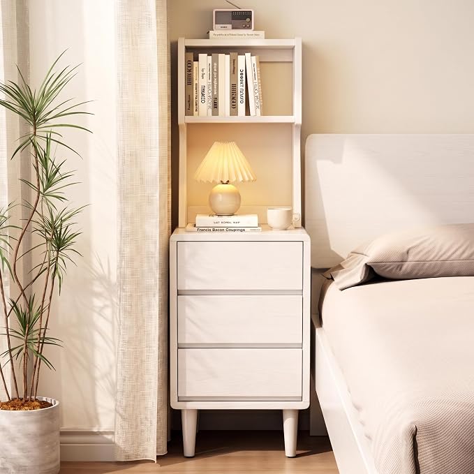 Solid Wood Bookshelf with Drawers,Narrow bookcase with Storage Shelves,Tall Nightstand with Drawers,Mid Century Modern Nightstand,Open Shelf Bookcase,Small Book Shelf for Bedroom,Living Room,Offices