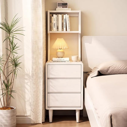 Solid Wood Bookshelf with Drawers,Narrow bookcase with Storage Shelves,Tall Nightstand with Drawers,Mid Century Modern Nightstand,Open Shelf Bookcase,Small Book Shelf for Bedroom,Living Room,Offices