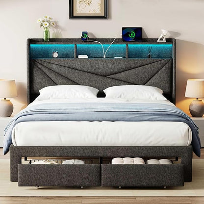 Full Size Bed Frame with Storage Headboard, Upholstered Full Bed Frame with LED Lights, USB Charging Station & 2 Storage Drawers, No Box Spring Needed, Dark Grey