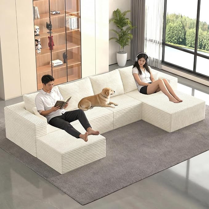 138" Modular Sectional Sofa, Modern U-Shaped Cloud Couch, Soft Corduroy Boneless Couch with 3060 High Rebound Memory Foam, Sectional Couches for Living Room - Beige (Right Facing Chaise)