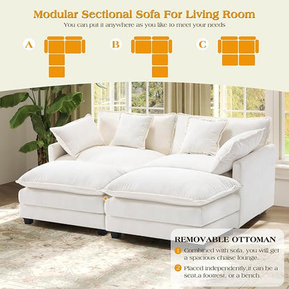 77.6" Modular Sectional Sofa,Loveseat Couch for Living Room, Modern Deep Seat Sofa 2 Seater Chenille Fabric Comfy Cloud Couches with Throw Pillows & Ottoman for Apartment,Small Spaces