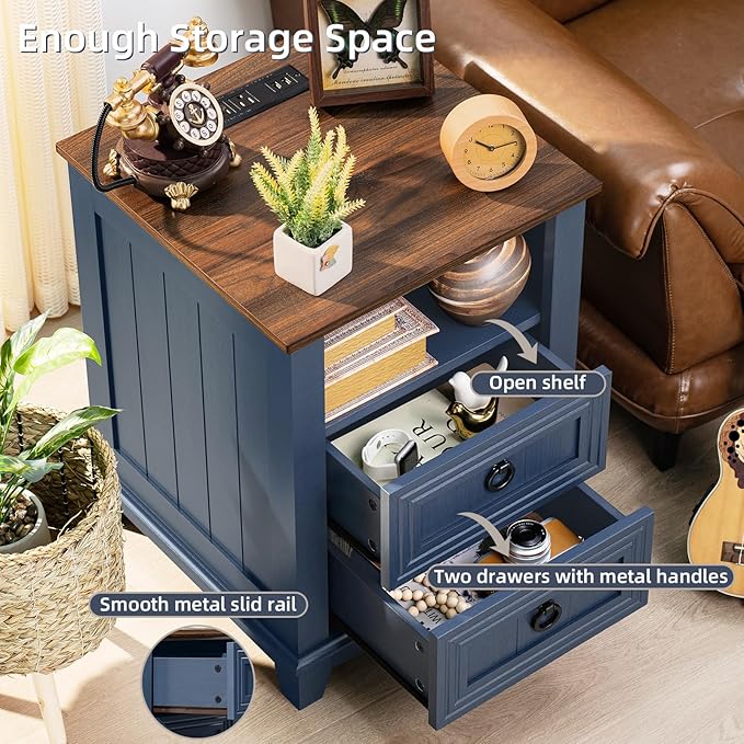 Joaxswe 18" Farmhouse Night Stands Set of 2 with Charging Station, 2 Drawers End Table Dresser for Bedroom, Blue Wooden Nightstand, Bed Side Table with Open Shelf, Bedside Cabinet for Living Room