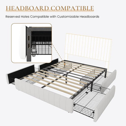 SHA CERLIN Queen Size Velvet Upholstered Platform Bed Frame with 4 Storage Drawers, Vertical Channel Tufted, Low Profile, Fits Standard Headboards, Wooden Slats Support, Easy Assembly, White