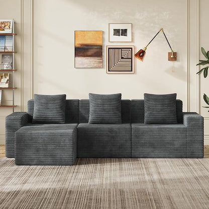 WLIVE 110'' Cloud Sectional Couches for Living Room, Modular Boneless Couch with Facing Chaise, L Shape Memory Foam Corduroy, with Ottoman, Grey