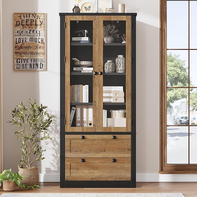 71" Tall Kitchen Pantry Cabinet - Modern Display Storage Cabinet with 2 Large Drawers, Glass Doors, and Adjustable Shelves, Kitchen Cupboard for Dining Room, Bathroom, Living Room, Black + Brown