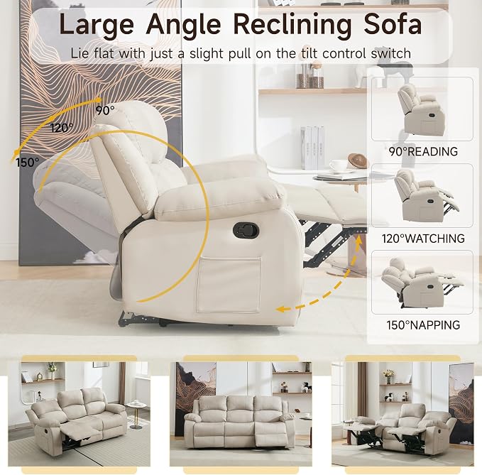 Reclining Couch Sofa Set Anti-Scratch Leather Recliner Couch Loveseat for Living Room, Bedroom, RV, Theater Seating(3 Seat Sofa+Loveseat,Beige)