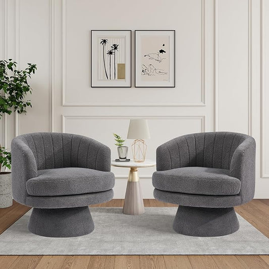 CANMOV Swivel Accent Chair with Armrest Set of 2, Modern 360 Degree Swivel Barrel Chair with Curve Back and Soft Cushion,Comfy Round Sherpa Teddy Armchair Single Sofa for Living Room, Dark Grey