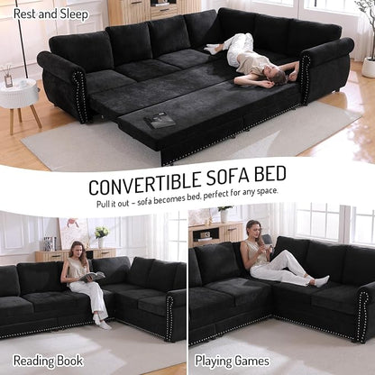 118" L-Shaped Sleeper Couch Bed - Oversize Convertible with Pull-Out Sofa Bed, Button Tufted Chesterfield Sofa, Chenille Sectional Vintage Couches for Living Room/Apartment(6-Seater, Black)