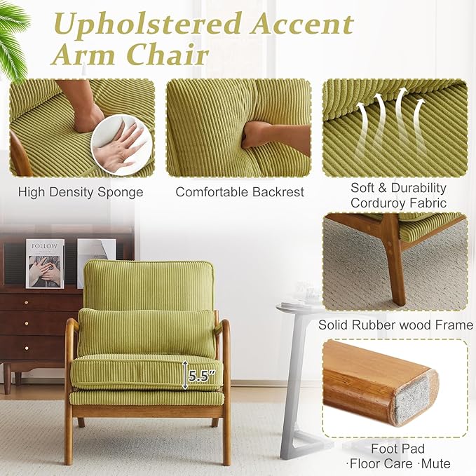 VINGLI Upgraded Premium Corduroy Accent Chair,Upholstered Arm Chair,Solid Wood Comfy Reading Chair with Pillow, Mid Century Modern Chairs for Living Room,Bedroom,Guest Room,Green