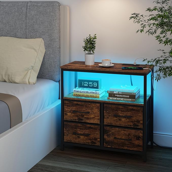 TUTOTAK LED Night Stand with Charging Station, Large Nightstand with USB and Type-C Port, Bedside Table with Cloth Drawers, End Table for Livingroom, Bedroom, Brown TB01BB081L