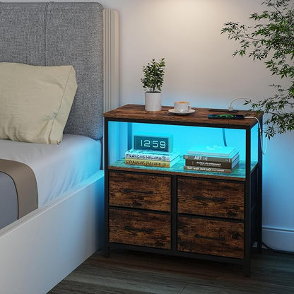 TUTOTAK LED Night Stand with Charging Station, Large Nightstand with USB and Type-C Port, Bedside Table with Cloth Drawers, End Table for Livingroom, Bedroom, Brown TB01BB081L