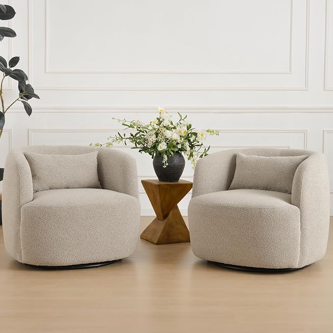 KINWELL 34" Wide Sherpa Swivel Barrel Chairs Set of 2, No Assembly Round Boucle Upholstered Accent Chairs Armchairs Single Sofa Chair with Toss Pillow for Living Room and Bedroom, Taupe