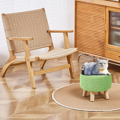 Wimarsbon Pouf Ottoman, 100% Cotton Knitted Boho Footstool, Round Footrest with Non-Skid Wood Legs, Home Décor Handmade Pouffe, Leisure Floor Step Stool for Living Room (Matcha)
