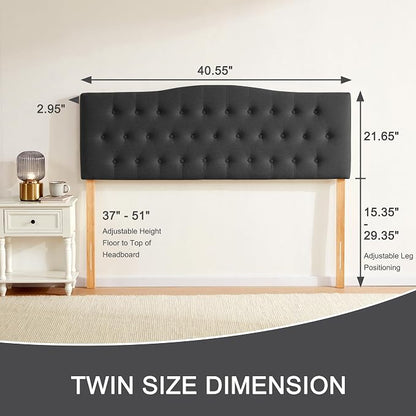 Tufted Headboard Twin Size, Solid Wood Adjustable Height Head Board, Black | Upholstered Twin XL Headboard Only, Durable Solid Wood Legs, Adjustable Height 37-51 in, Fabric Button Diamond HeadBoards