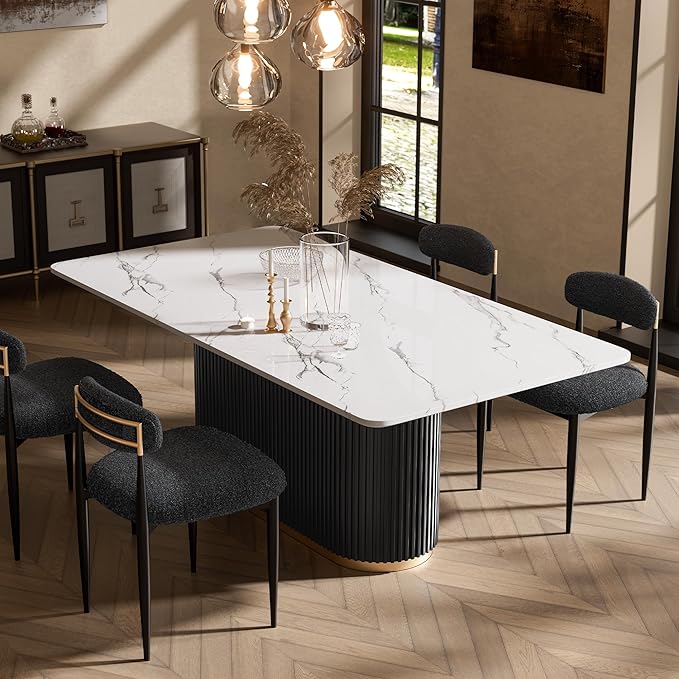 Morden Fort Marble Dining Table for 6, 70" Modern Dining Table with Black Fluted Base and White Faux Marble Top, Kitchen Table with Gold Trim for Ktichen, Reception and Conference