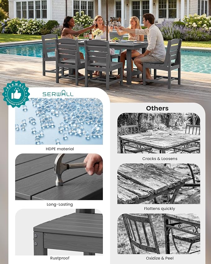 SERWALL Outdoor Dining Sets for 6, HDPE Dining Set with 6 Armless Chairs, Gray