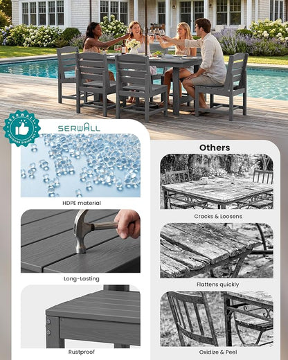 SERWALL Outdoor Dining Sets for 6, HDPE Dining Set with 6 Armless Chairs, Gray