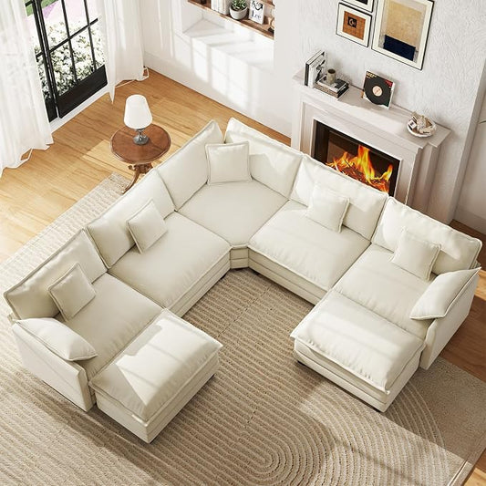 WorthFurni 114” Oversized Modular Sectional Sofa, 7-Seater V Shaped Cloud Couch Set, Comfy Chenille Deep Seat Couches with 2 Movable Ottomans, DIY Combination for Living Room (Beige)