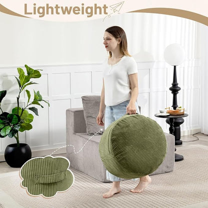 Round Stuffed Pouf Ottoman,Corduroy Foot Rest with Rebound Foam Filled, Furry and Fluffy Foot Stool Ottoman, Floor Poufs for Living Room (Green, 26" D x 26" W x 18" H)