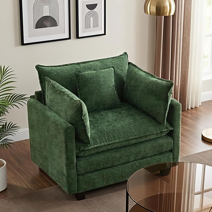 Modular Sectional Sofa Cloud Couch, Deep Seat Washable Chenille Fabric Sofa with Throw Pillows, Singel Seat Modern Couches for Living Room Bedroom Apartment, Green