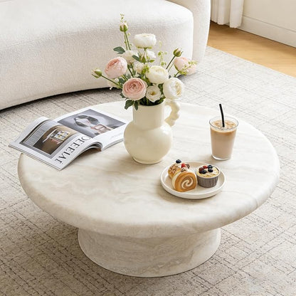 35.43" Faux Marble Round Coffee Table, Modern Pedestal Coffee Table with Base, Stone Circle Drum Minimalist Center Sofa Side End Table for Living Room Apartment Office, Mars Pattern