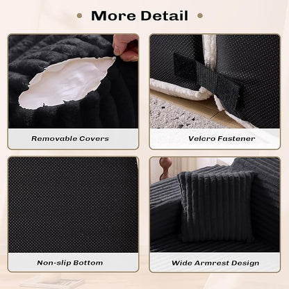 Modern Curved Boneless Sofa Couch, L-Shaped Corner Sofa, Corduroy Upholstered Cloud Sectional Couch for Living Room, Bedroom and Apartment,No Assembly Needed(Black, Right Hand Facing)