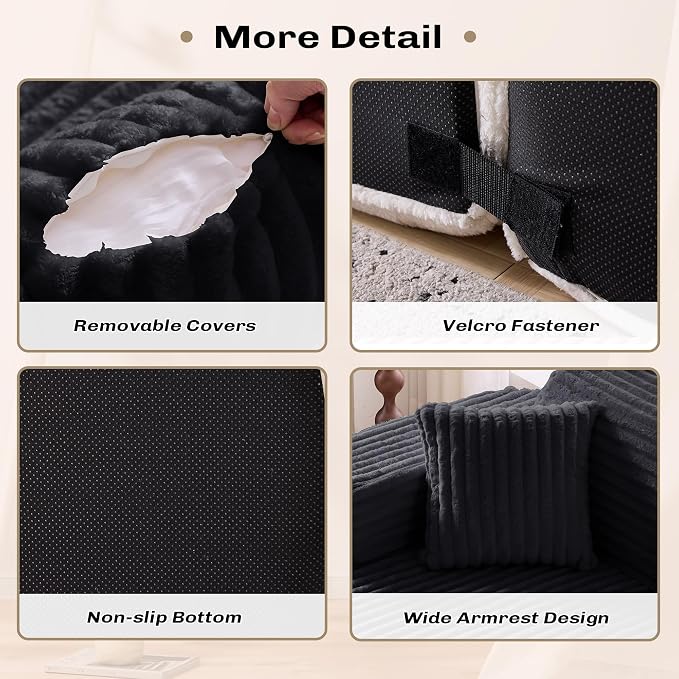 Modern Curved Boneless Sofa Couch, L-Shaped Corner Sofa, Corduroy Upholstered Cloud Sectional Couch for Living Room, Bedroom and Apartment,No Assembly Needed(Black, Left Hand Facing)