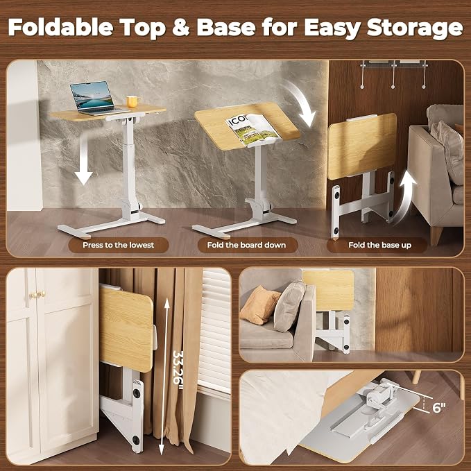 JOY worker Foldable Overbed Bedside Table, 180° Tiltable Mobile Standing Desk with Wheels, 31.5" Height Adjustable Rolling Laptop Desk for Home & Hospital Use, Easy Storage, Maple