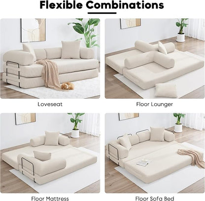 ZEIINPA Convertible Sleeper Sofa Bed with Cylindrical Pillow, Corduroy Folding Mattress Couch with Fixed-Shape Frame, Floor Sofa Lounge Couch for Living Room Bedroom Lounge Studio, Beige