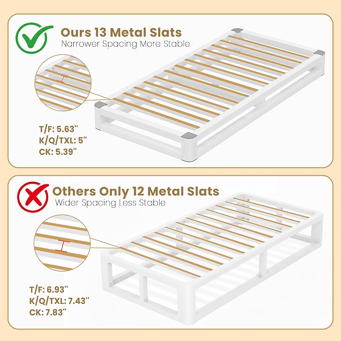 6 Inch Twin Bed Frames with Rounded Corner and Squeak Free U-Slot Design, Metal Platform Bed Frames 6 Non-Slip Guards, 3500lbs Heavy Duty Steel Slat Support, No Box Spring Needed, White