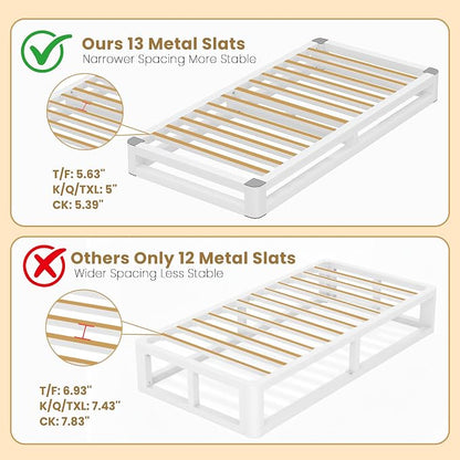 6 Inch Twin Bed Frames with Rounded Corner and Squeak Free U-Slot Design, Metal Platform Bed Frames 6 Non-Slip Guards, 3500lbs Heavy Duty Steel Slat Support, No Box Spring Needed, White