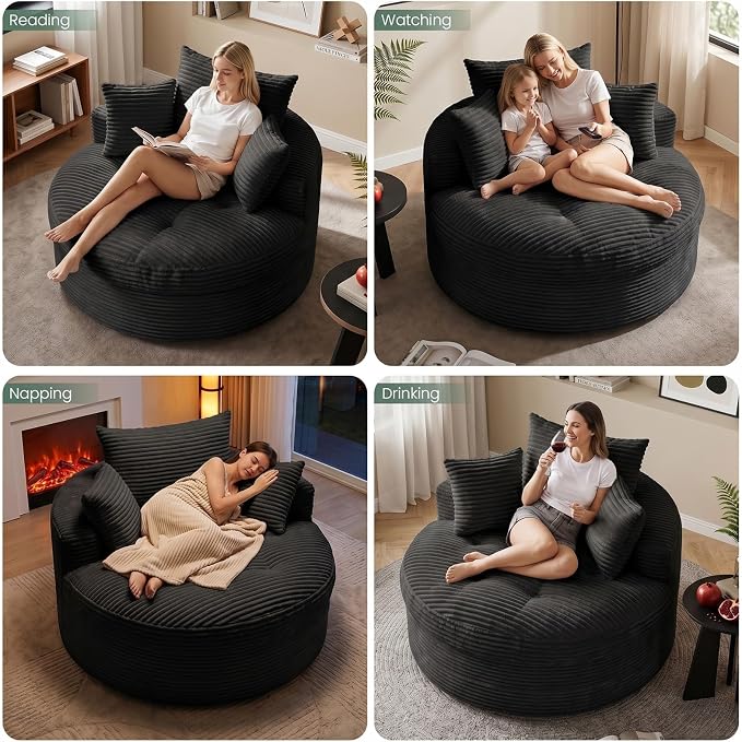 Oversized Round Chaise Lounge Chair, Deep Seat Cloud Boneless Floor Sofa Couch, Upholstered Corduroy Sleeper with 3 Pillows & Optional Ottoman, No Assembly Modern Lazy Floor Lounger for Living Room