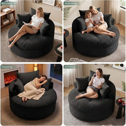 Oversized Round Chaise Lounge Chair, Deep Seat Cloud Boneless Floor Sofa Couch, Upholstered Corduroy Sleeper with 3 Pillows & Optional Ottoman, No Assembly Modern Lazy Floor Lounger for Living Room