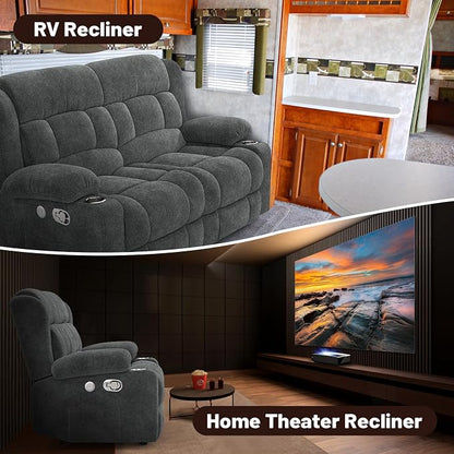 Loveseat Recliner Sofa Set with 2+1 Pieces, 2 Seater Minimalist Style Fabric Manual Pull Tab Reclining Loveseat with USB Charge Ports, Cup Holders, Recliner Couches for Living Room, RV, Gray