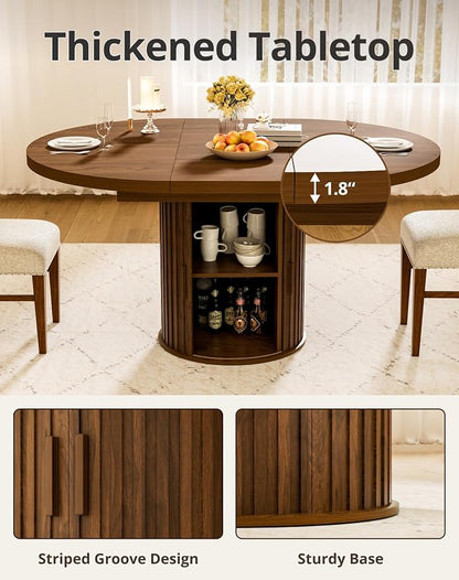 43"-59" Extendable Round Dining Table with Hidden Storage, Modern Wooden Kitchen Table with Fluted Sliding Door Cabinet, Oval Dining Table for Dining Room Living Room, Walnut