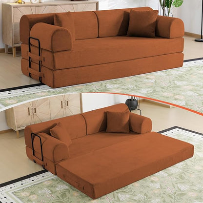 79" Corduroy Sofa Bed, Boneless Couch in a Box with 2 Pillows, High-Density Foam 4-in-1 Foldable Sleeper Futon Loveseat for Small Spaces, No Assembly, Side Pockets, Round Arm Orange