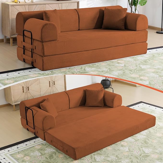 78.8" Memory Foam Boneless Couch, Corduroy Floor Sofa Bed, Convertible Sleeper Futon Loveseat, Wide Armrests & Back Support, Supports Up to 1200 lbs, Couch in a Box with 2 Pillows, Orange