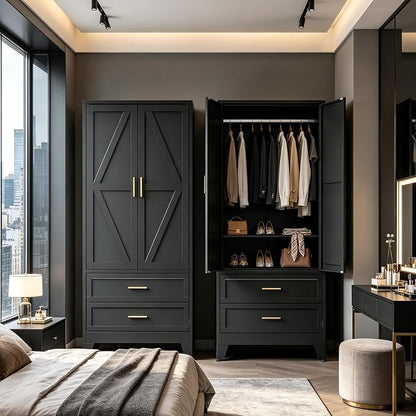 71" H Black Armoire Wardrobe Closet with Drawers,Metal Wardrobe Closet with Doors and Shelves,Tall Wardrobe Closet for Bedroom