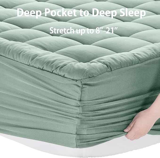 EASELAND Full Size Mattress Pad Pillow Top Mattress Topper Cotton Top | 8-21" Deep Pocket Cooling Mattress Cover/Protector 54x75 Inches Pale Aqua, Boxing Quilted & Machine Washable
