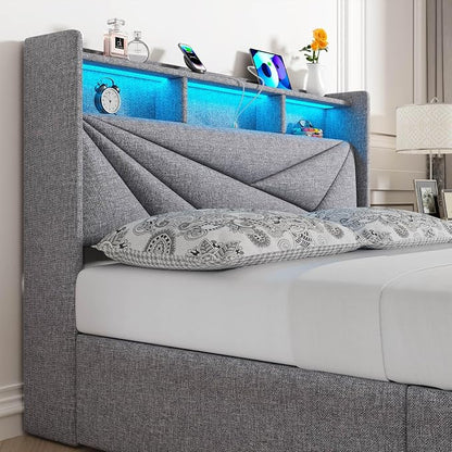 Driftalia LED King Size Bed Frame with 4 Storage Drawers, Upholstered King Bed Frame with 2-Tier Headboard and Charging Station, No Box Spring Needed, Easy to Assembly - Light Grey