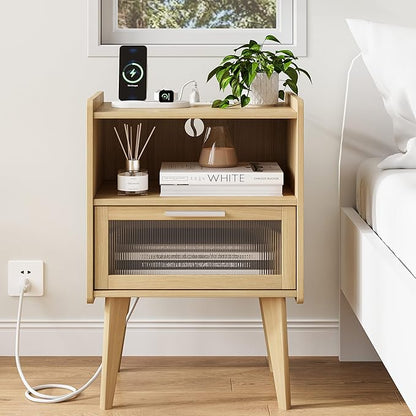 MMEOLUOOK Nightstand with Charging Station, Bedside Tables with Glass Decorative Door, Natural End Table, Side Table with 2 Tiers Storage Space for Bedroom Living Room CAMLBZ07YE