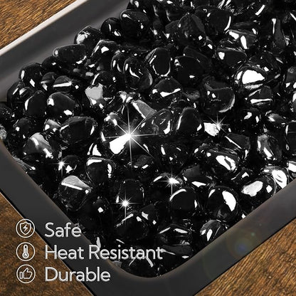 GASPRO 10 Pound Fire Glass Diamonds 1 Inch, Fire Pit Glass Rocks for Gas Fireplace and Fire Pit, Black, High Luster