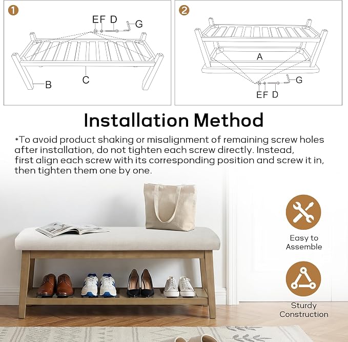 Entryway Bench with Cushion, Upholstered Shoe Rack Bench with Solid Wood Shelf, 44" End of Bed Bench for Bedroom, Chenille Fabric Storage Bench for Entryway, Hallway, Living Room (Beige)