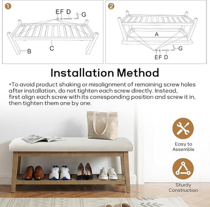 Entryway Bench with Cushion, Upholstered Shoe Rack Bench with Solid Wood Shelf, 44" End of Bed Bench for Bedroom, Chenille Fabric Storage Bench for Entryway, Hallway, Living Room (Beige)
